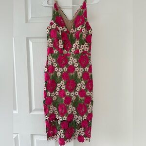 Xscape Pink and Green Floral Midi Dress